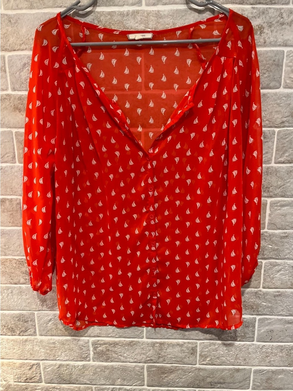Pleione Red V-Neck Boat-Print Blouse